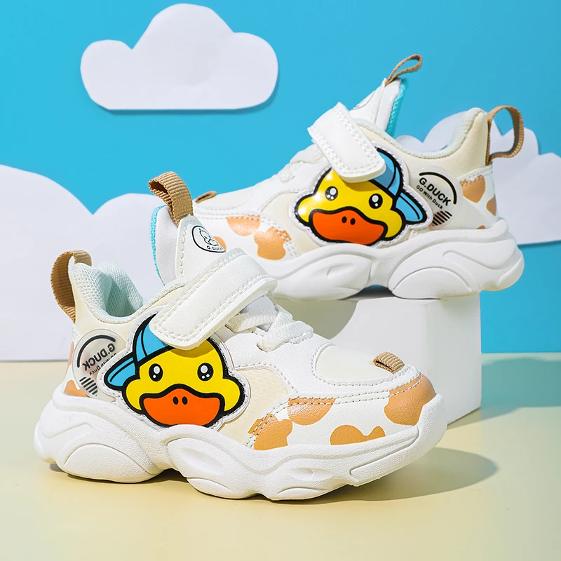 小黄鸭秋季新款女童鞋子儿童皮面软底机能鞋宝宝运动鞋中小童防滑