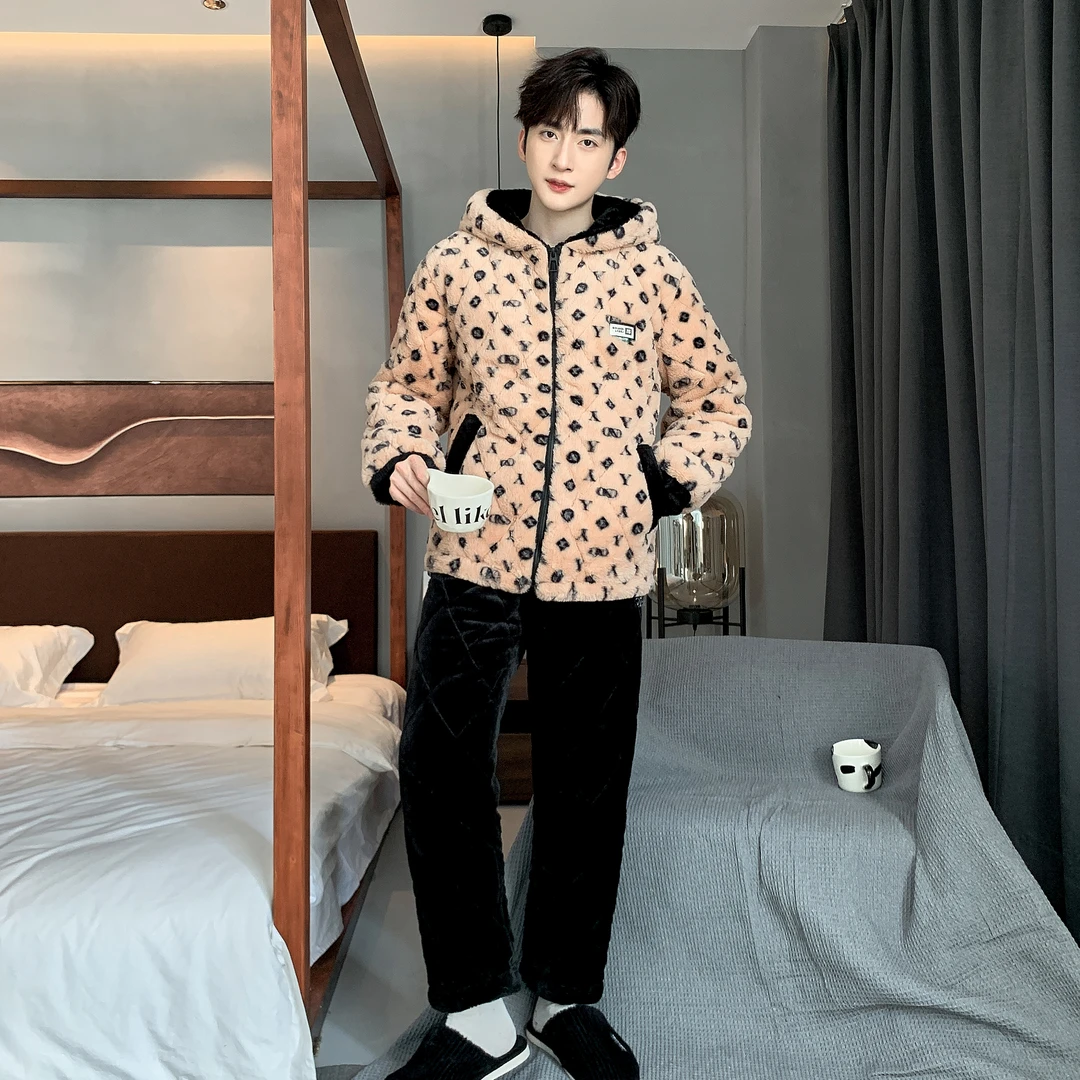 潮牌轻奢 豹纹男士2023新款睡衣三层加绒加厚冬季睡衣套装