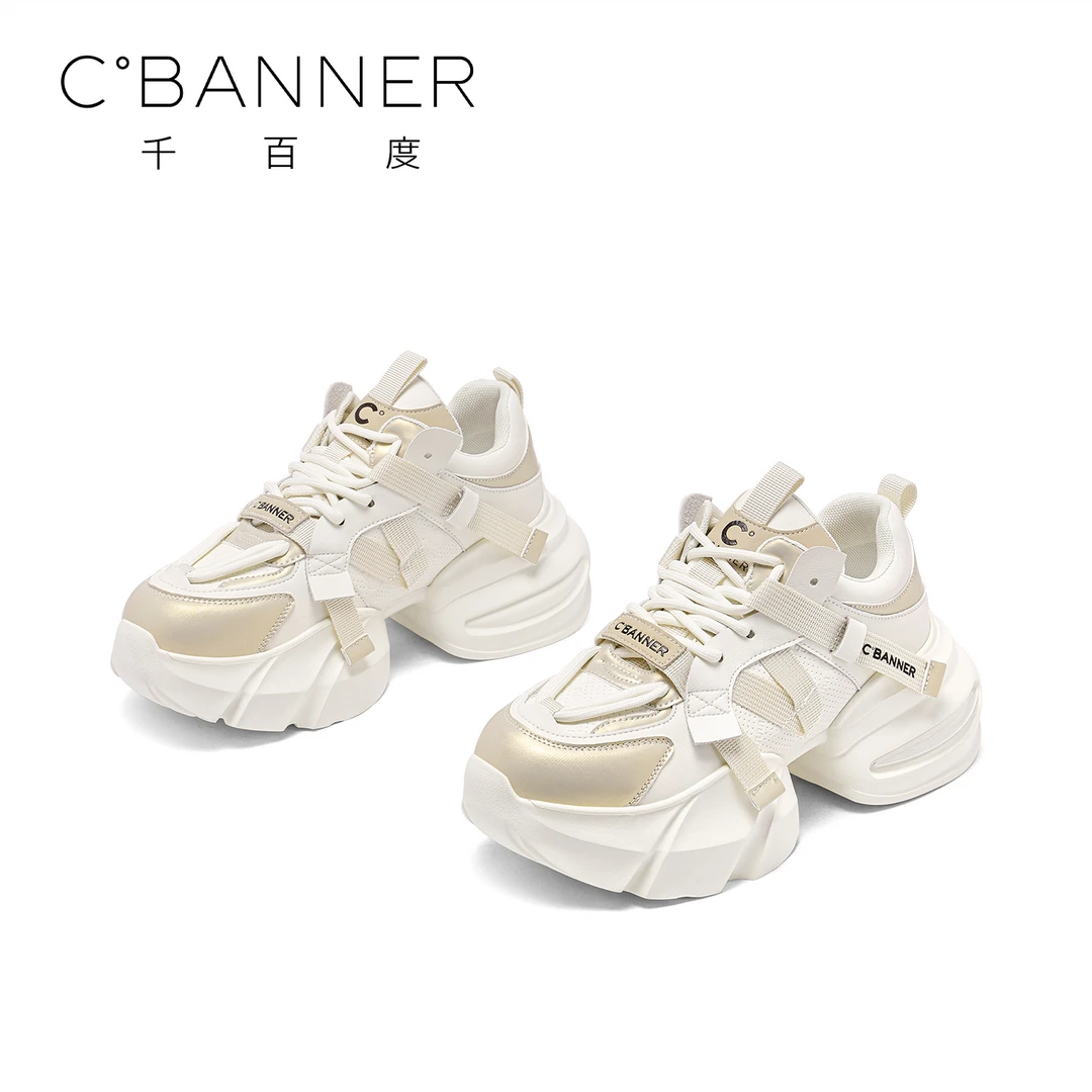 C.BANNER/千百度厚底增高系带休闲鞋2025百搭潮流老爹鞋女士网红
