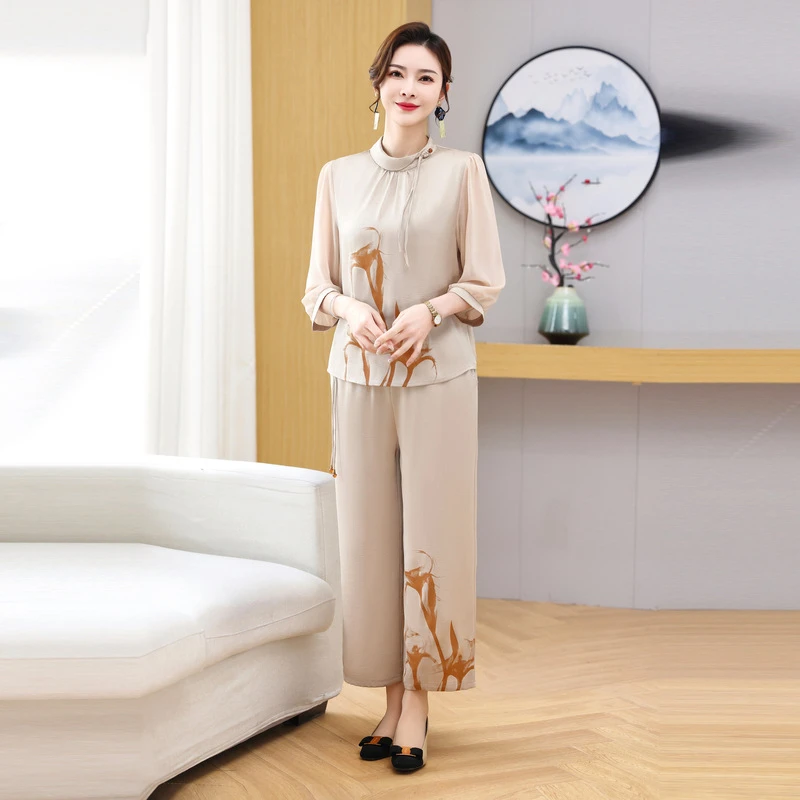 国潮原创中老年女装两件套2024中国风印花气质显瘦大码妈妈装套装
