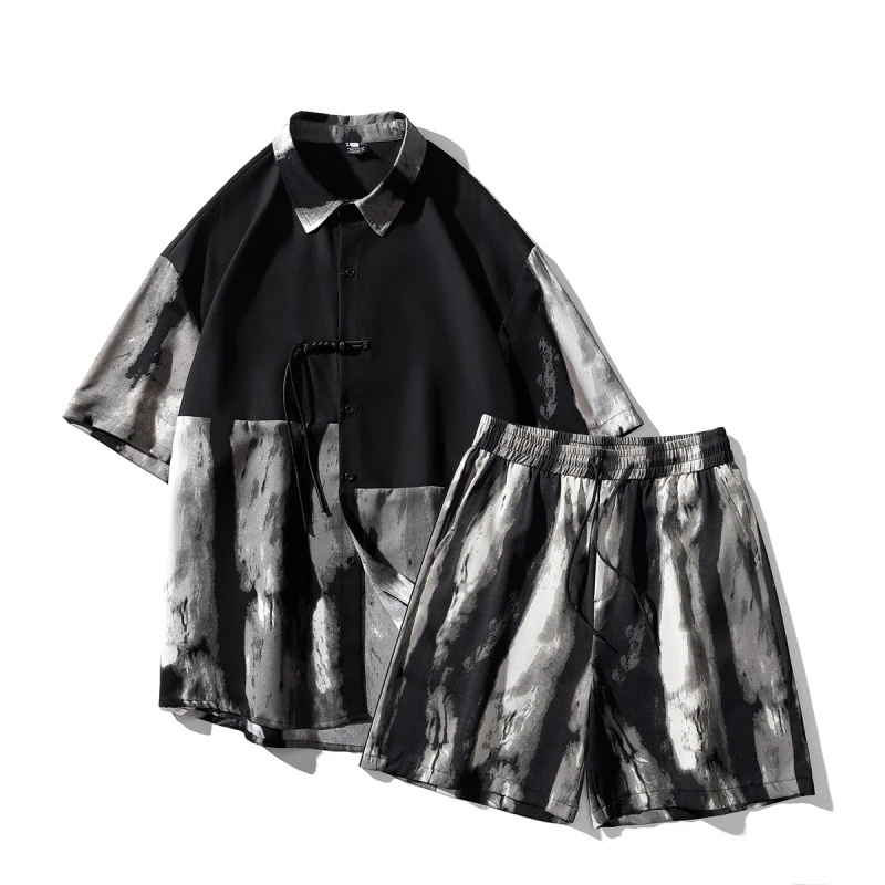 国潮原创夏季中国风印花男士休闲套装时尚拼接衬衫两件套复古潮流