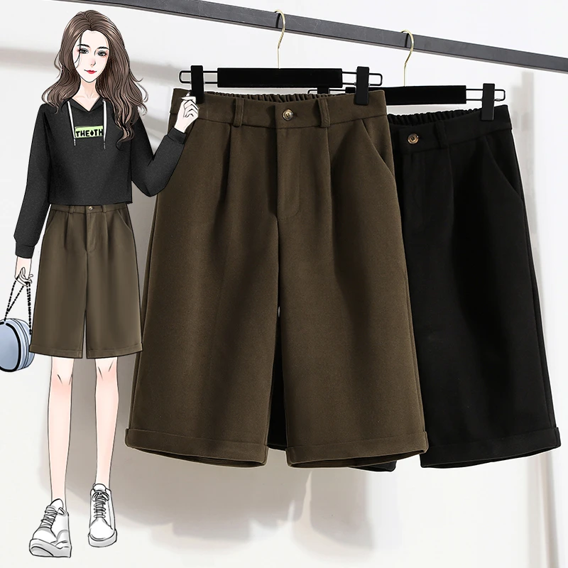 秋冬新款卷边毛呢阔腿短裤女韩版遮肉显瘦大码胖mm五分休闲裤靴裤