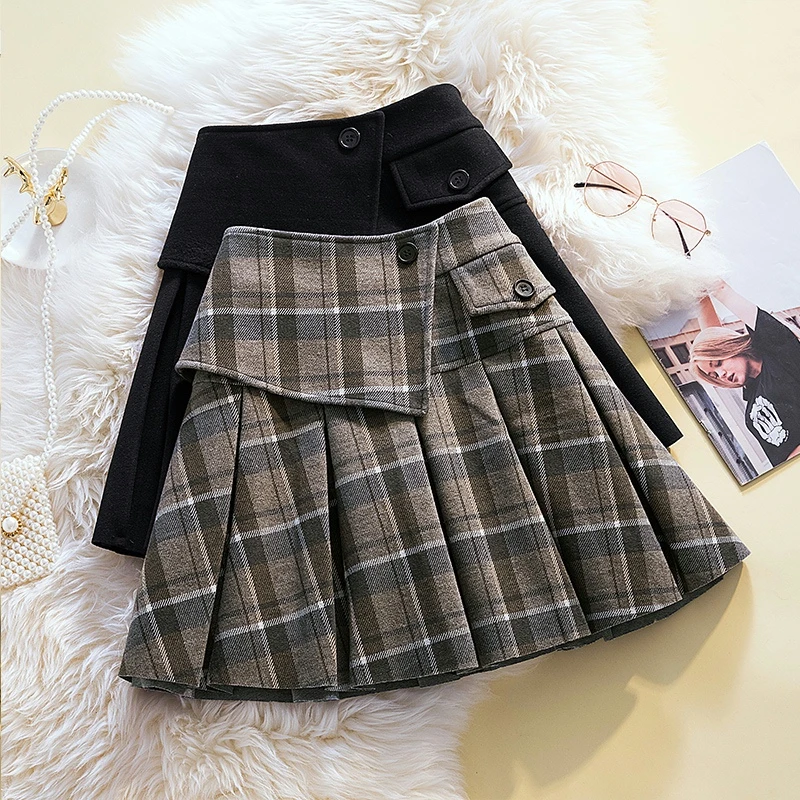 春季时尚百搭毛呢格子百褶短裙女韩版显瘦大码防走光半身A字裙子