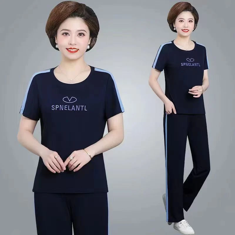 妈妈夏装时尚洋气套装2025新款中老年人夏季短袖上衣休闲两件套女