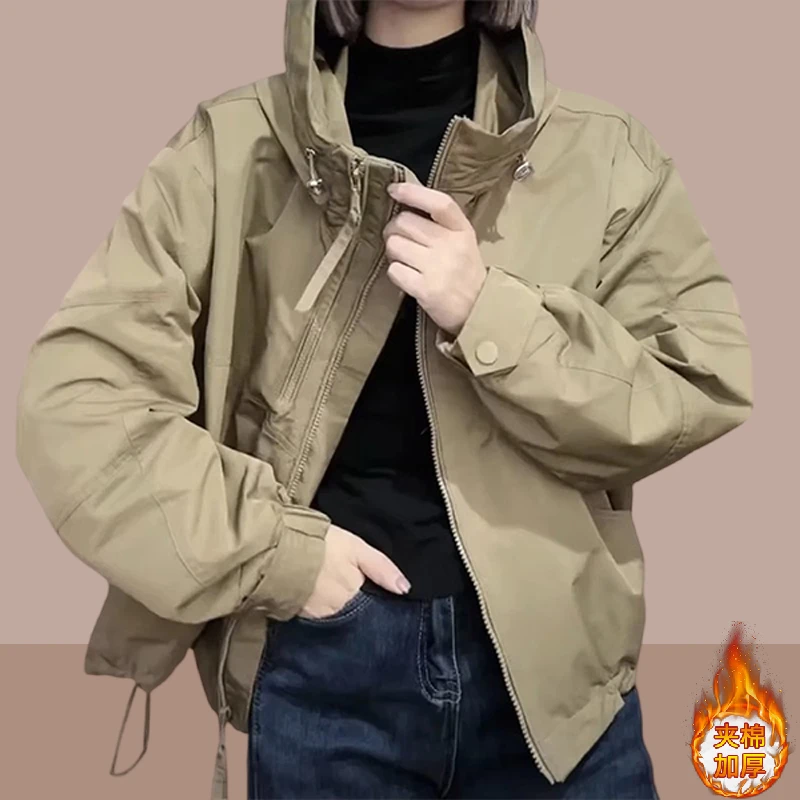 连帽开衫小个子女款冲锋外套2025秋冬季新款加绒加厚时尚夹克上衣