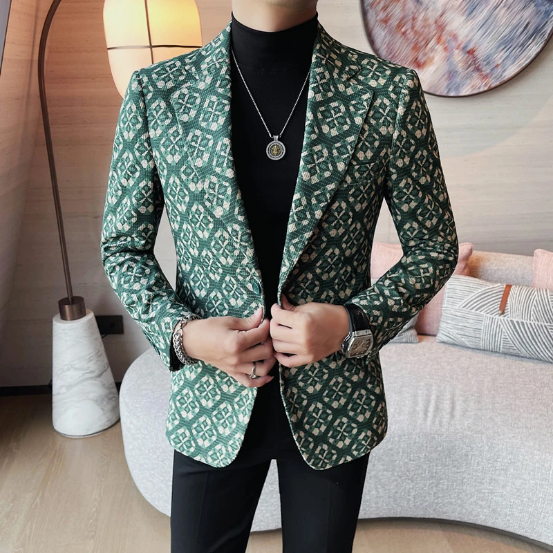 春秋款休闲西装外套男士高级感帅气韩版修身潮流个性印花西服