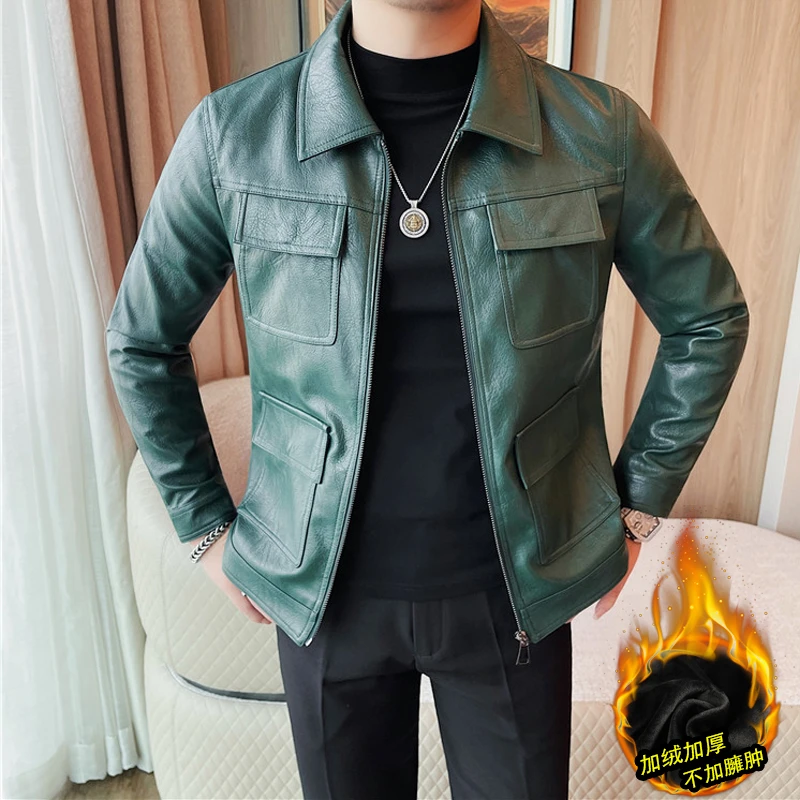 春秋款男装复古皮衣韩版修身时尚翻领休闲夹克百搭帅气机车外套