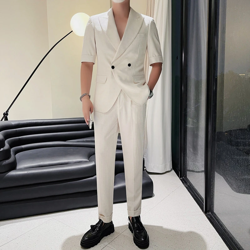 格子西服套装男夏季修身薄款西裤潮流休闲条纹外套中袖西装两件套