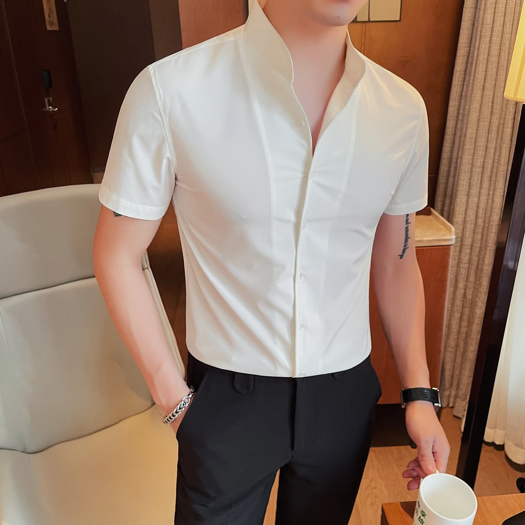 猎撒夏季爆款男士百搭修身短袖衬衫新中式立领半袖衬衣休闲上衣