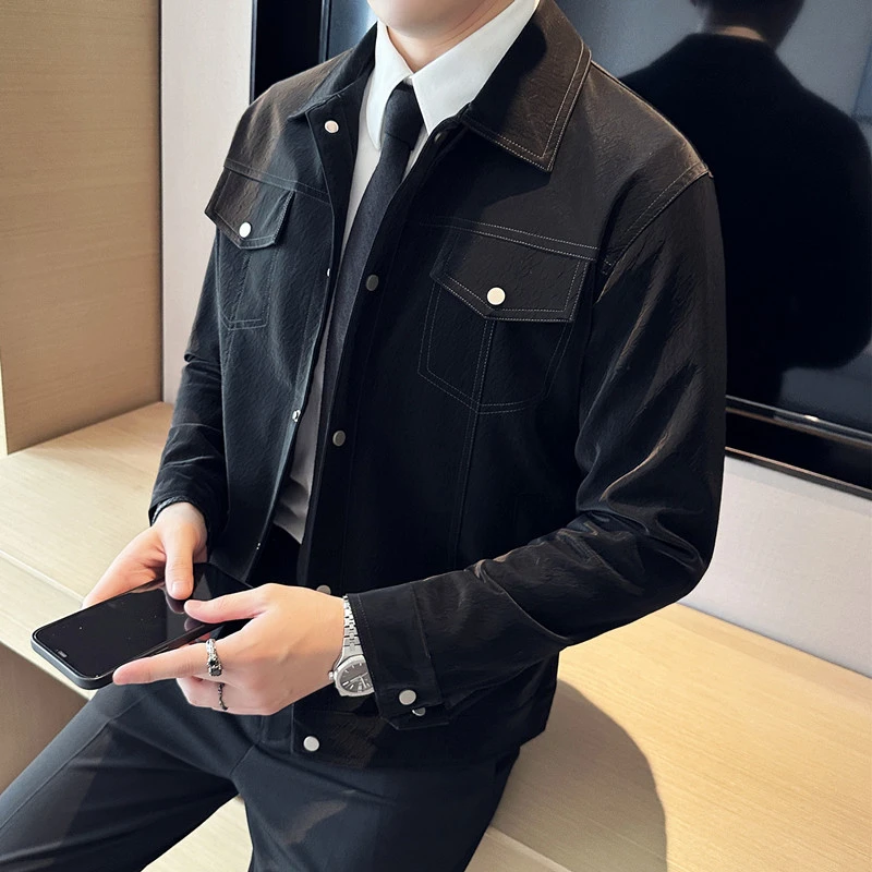 质感暗条纹皮质夹克休闲翻领男士短款外套休闲男外套牛仔百搭宽松