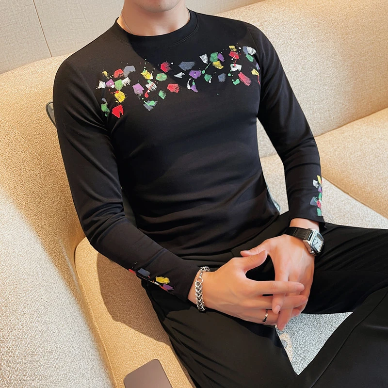 猎撒秋季圆领长袖T恤休闲上衣打底衫男潮流韩版修身印花弹力体恤