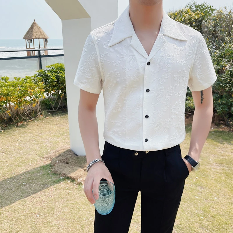 猎撒夏季薄款古巴领短袖衬衫潮流提花白色高档气质男款半袖衬衣