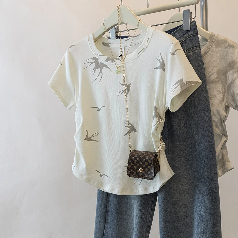 yoewshean/羽媗微胖mm莺啼燕语大码女装圆领短袖t恤夏季遮肚显瘦