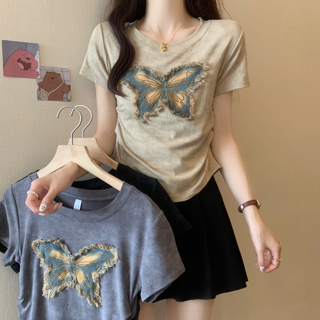 yoewshean/羽媗夏季新爆款显瘦微胖大码女装上衣正肩短袖t恤蝴蝶