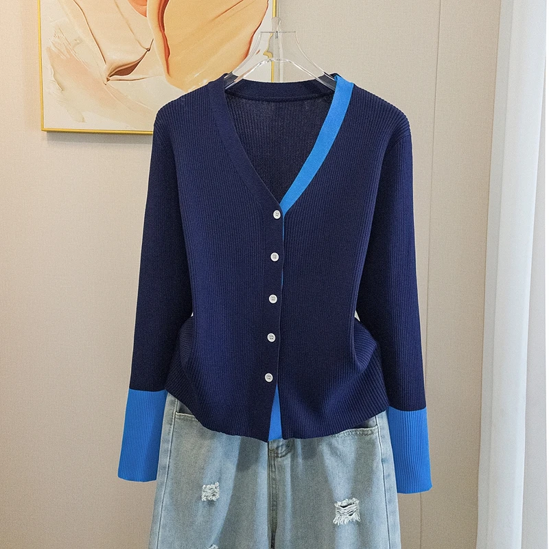 yoewshean/羽媗早初秋新爆款V领撞色袖单排扣修身毛针织开衫上衣