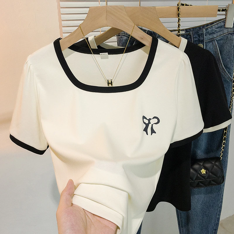 yoewshean/羽媗胖mm大码女装蝴蝶结印花短袖t恤夏季新款显瘦遮肚