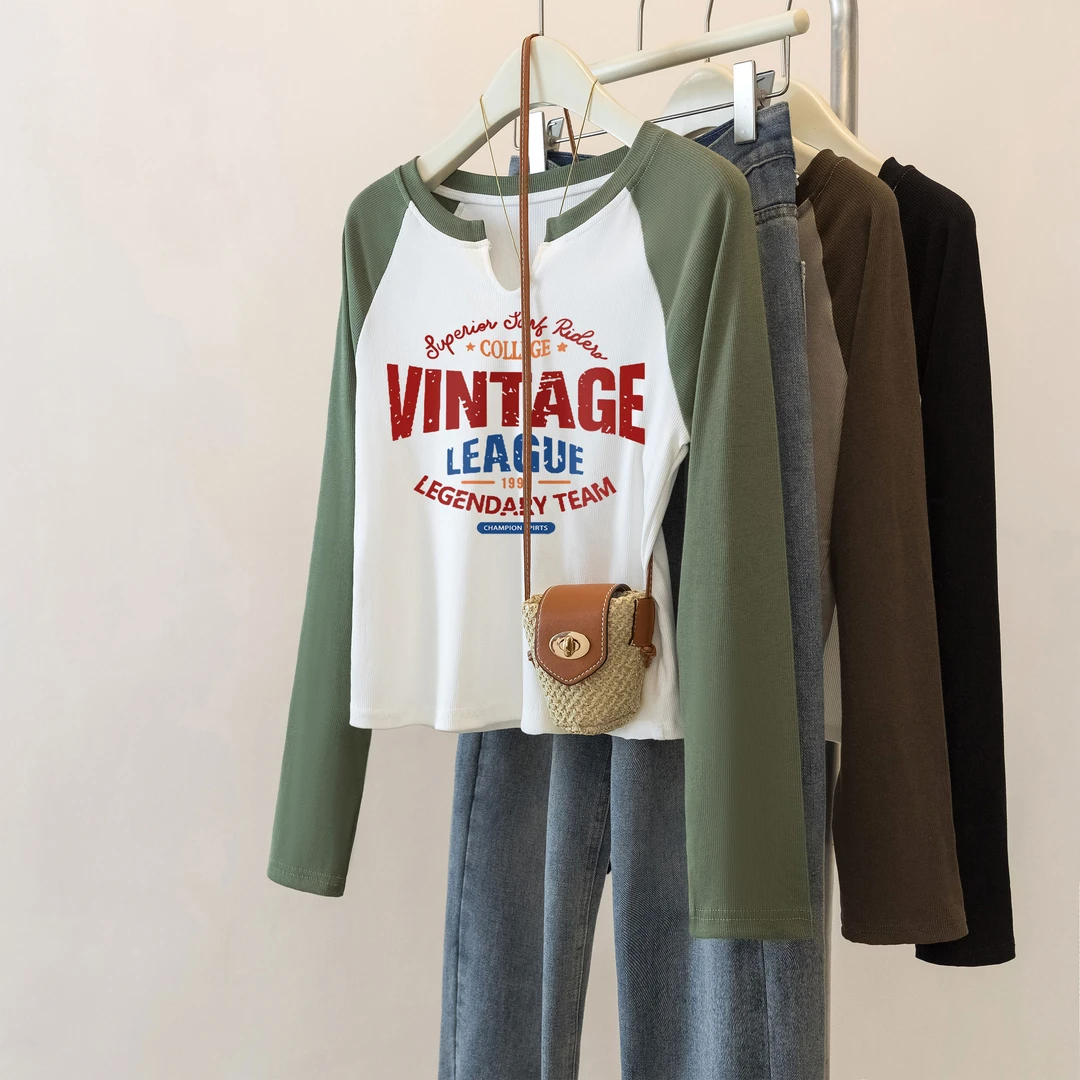 yoewshean/羽媗微胖妹妹长袖t恤女装拼色修身打底衫内搭高腰上衣