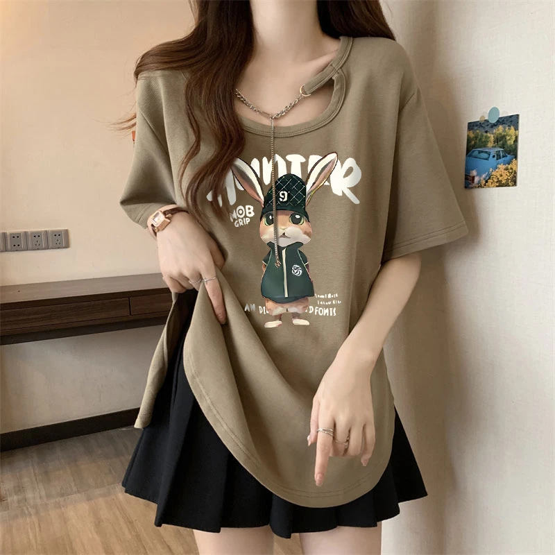 yoewshean/羽媗大码女装夏季胖mm短袖t恤开叉遮肚子别致正肩上衣