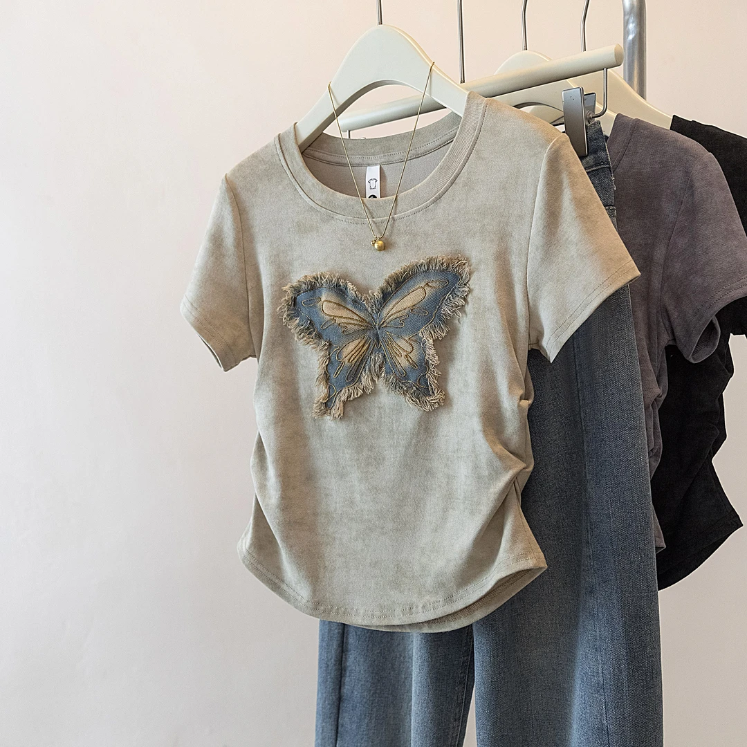 yoewshean/羽媗微胖大码女装夏季显瘦遮肚子上衣短袖t恤蝴蝶设计