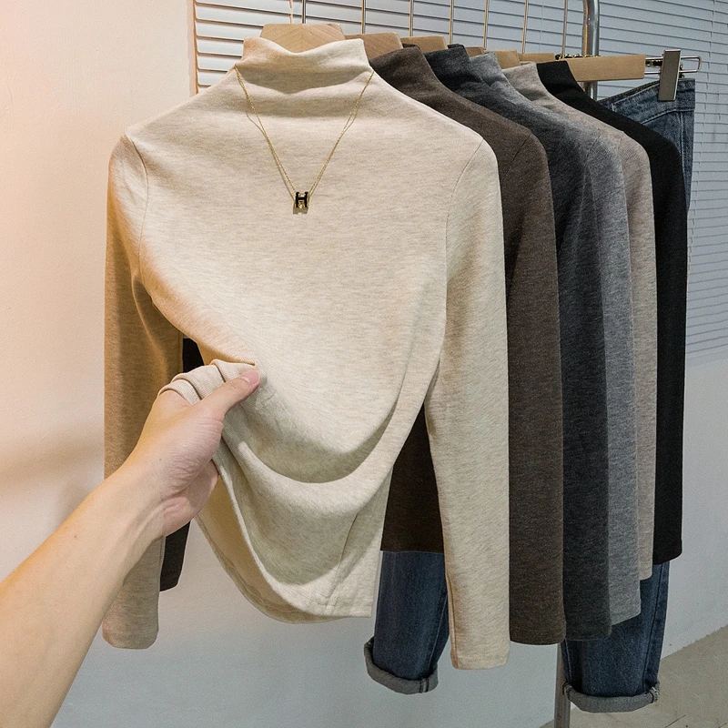 yoewshean/羽媗半高领双面德绒打底衫女洋气内搭纯色加绒加厚保暖