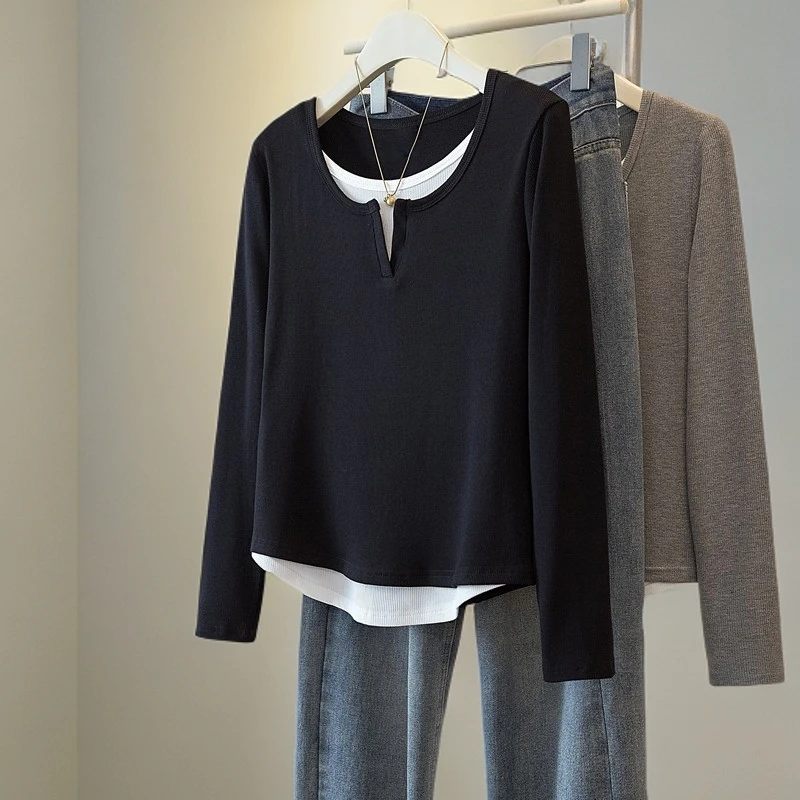 yoewshean/羽媗微胖妹妹假两件V领正肩长袖t恤女春秋装显瘦上衣