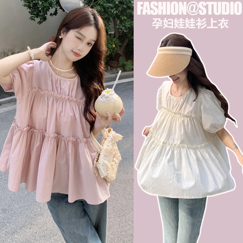 乌乌七现货孕妇法式泡泡袖衬衫女夏季新款宽松遮肚衬衣小众上衣