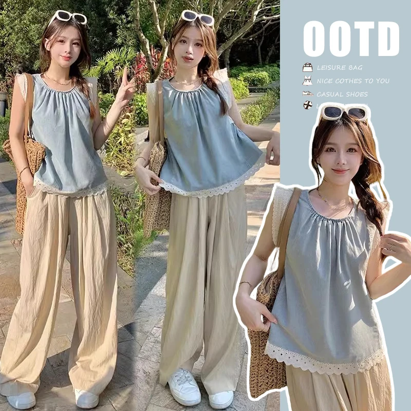 韩小个子拼接蕾丝宽松小飞袖牛仔背心+松紧腰猪鼻扣调节带孕妇裤