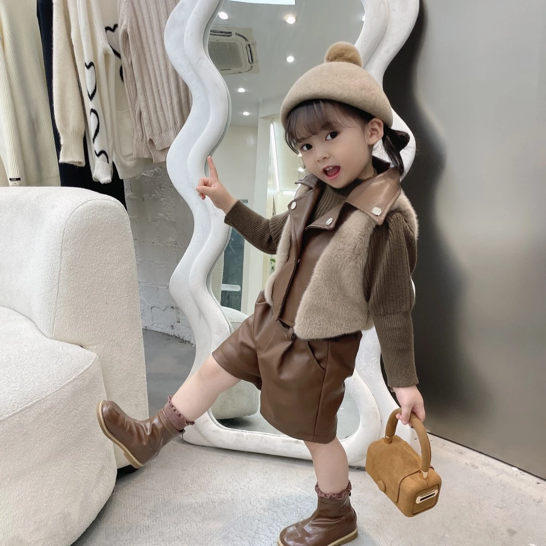 【安安kids】韩系秋冬新品女童洋气时髦网红炸街草草马甲短裤套装
