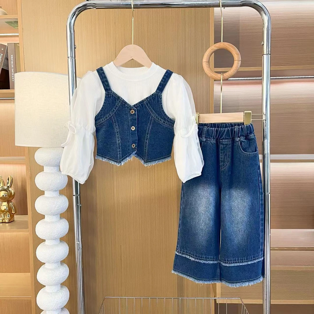 女童牛仔春秋套装2024新款儿童洋气马甲阔腿裤三件套女宝宝春秋装