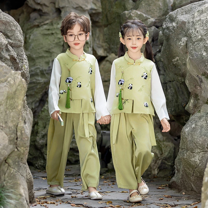 女童汉服2025演出服春秋款长袖唐装新中式表演服竹叶熊猫男童套装