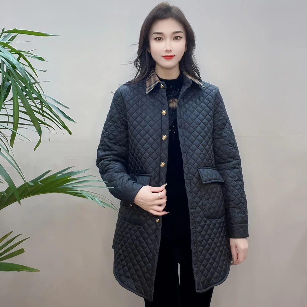 单件棉服时尚压格宽松休闲百搭简约中长款风衣薄棉外套#望2556