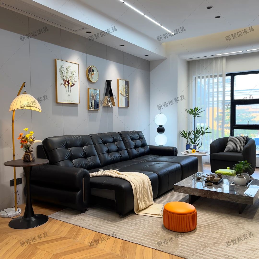 黑糖云朵沙发奶油风直排电动伸缩极简头层真皮智能沙发床大小户型