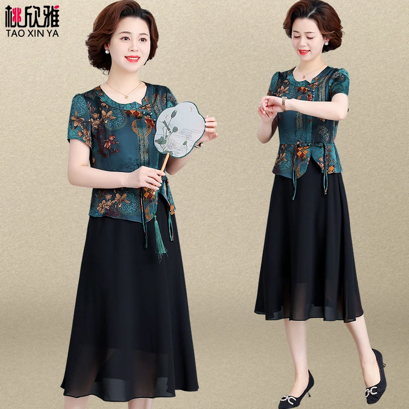 妈妈夏装连衣裙洋气50岁60中老年人夏季改良旗袍遮肚裙子气质高档