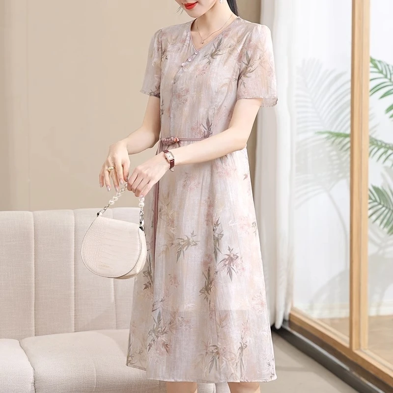 中年妈妈夏装连衣裙2025新款中老年女装国风雪纺裙夏季短袖长裙子