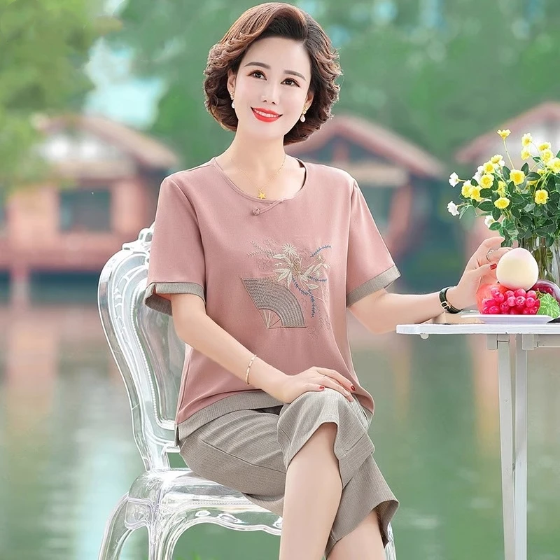 妈妈夏装国风套装洋气2025新款夏季短袖T恤中老年女装休闲上衣服