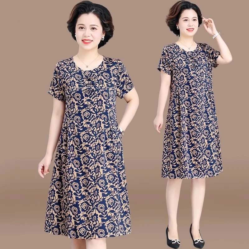 中年妈妈夏装连衣裙洋气质2025新款中老年棉绸女装奶奶装夏季裙子