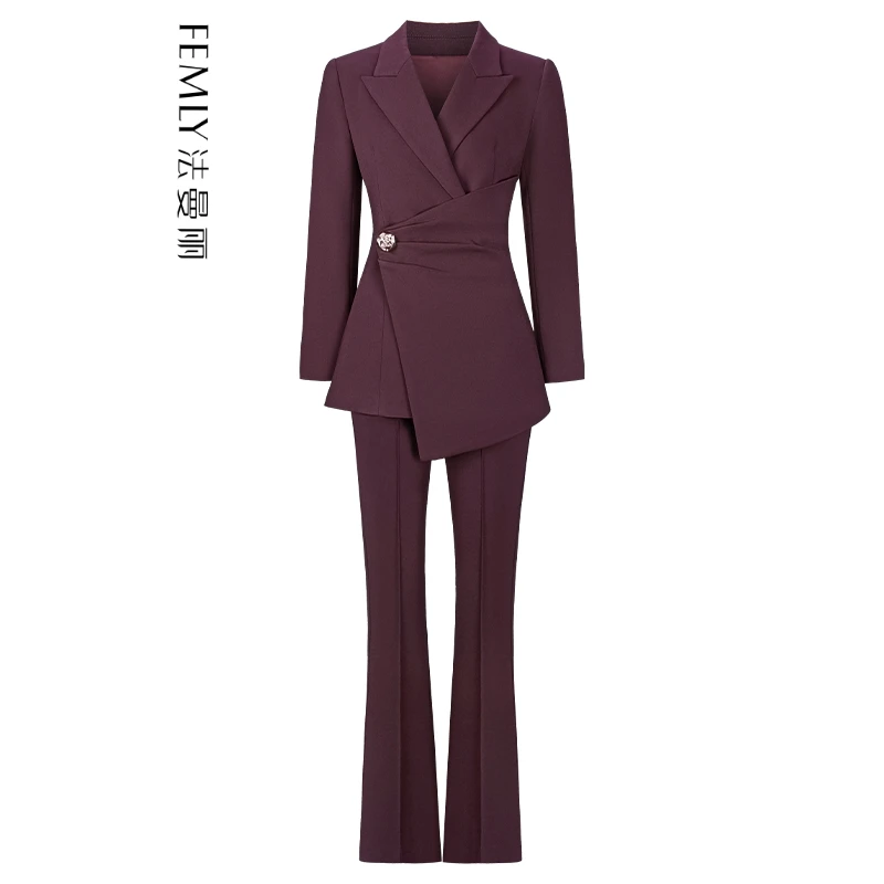 FEMLY/法曼丽 醋酸 2024秋季时尚气质修身西装+显瘦微喇长裤2872