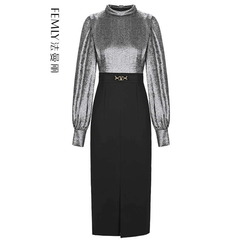FEMLY法曼丽 2024早秋新款假两件拼接修身前开叉连衣裙A2804