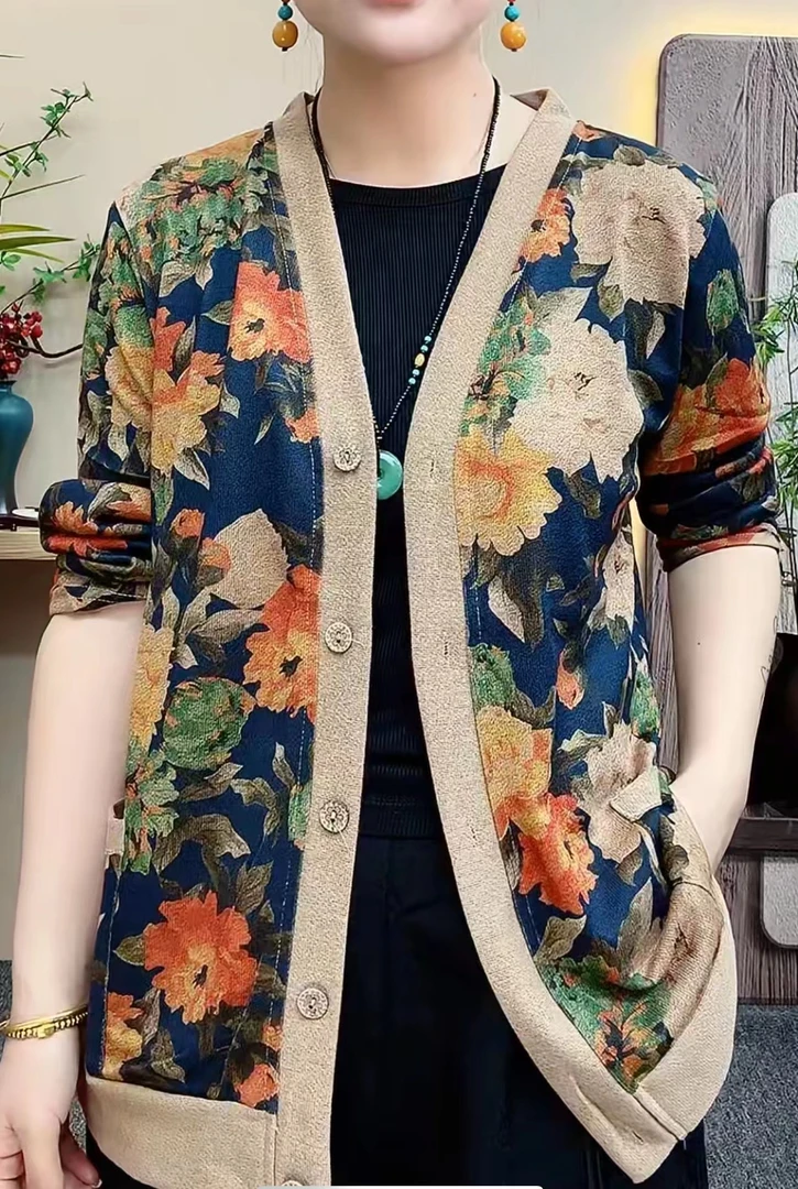 2024秋季新款大花开衫外套休闲妈妈装百搭洋气时尚