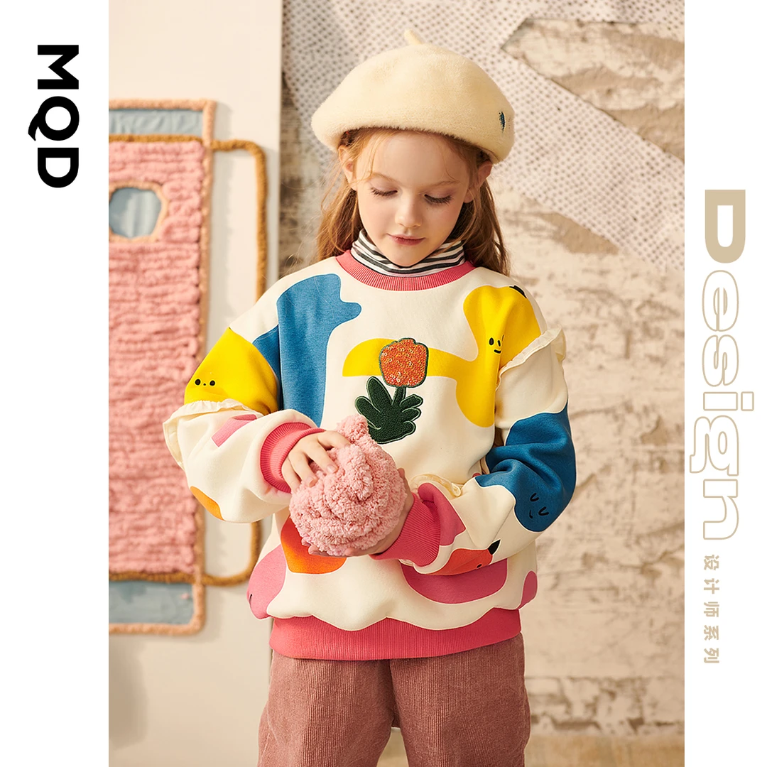 MQD童装设计师系列冬季女童印花加绒长袖加厚卫衣621420601
