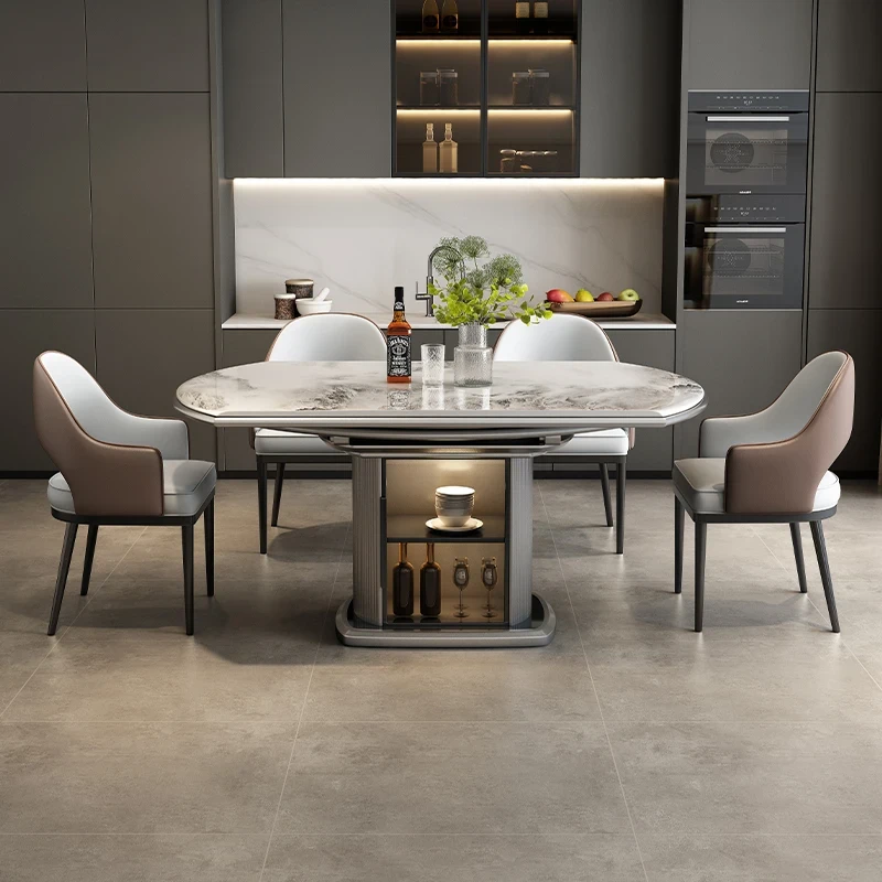 2024新款带储物实木岩板餐桌方圆两用可伸缩小户型吃饭桌家用简约