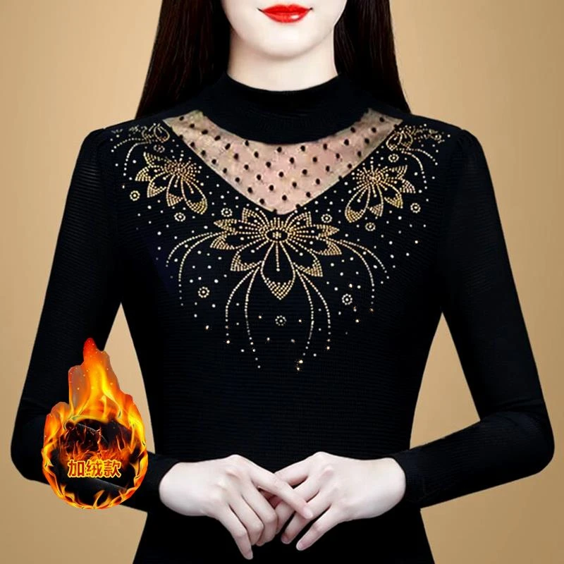 加绒加厚镶钻黑色网纱打底衫长袖半高领秋冬季加厚保暖洋气小衫