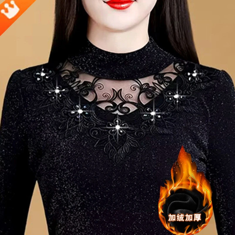 冬季加绒钉珠黑色网纱打底衫长袖大码遮肚显瘦外穿保暖加厚上衣