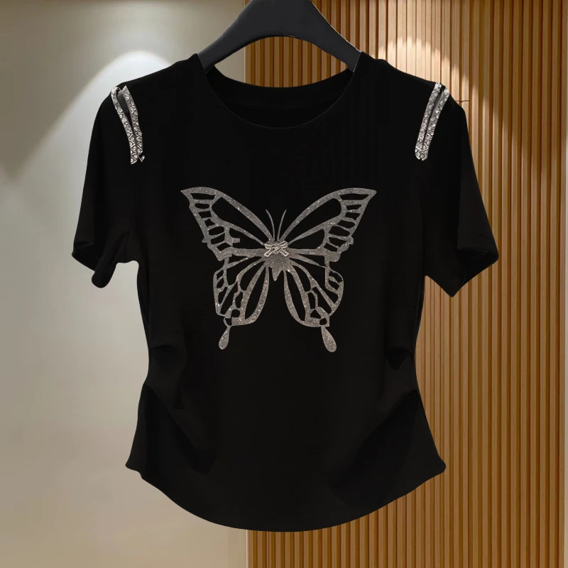 短袖T恤女2025夏季新款蝴蝶烫钻时尚洋气高级潮流百搭显瘦短袖女