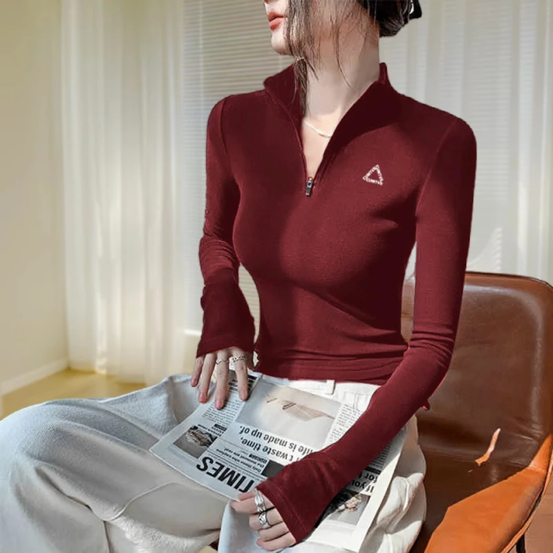 打底衫上衣女2025秋季新款刺绣半拉链设计感显瘦百搭休闲时尚上衣