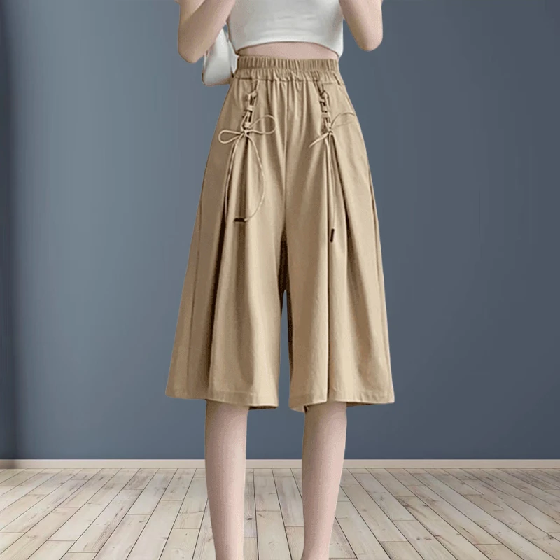 2024夏季新款七分裤裙女薄款抽绳短裤宽松显瘦休闲百搭阔腿裤子女