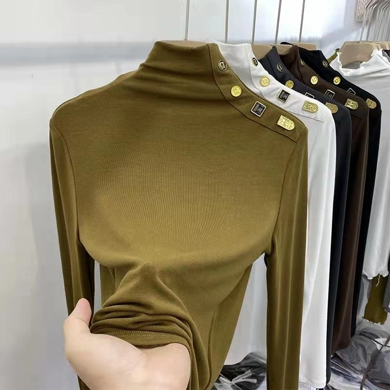 打底衫女2025秋季新款韩版薄绒饰品拼接设计感洋气显瘦半高领上衣