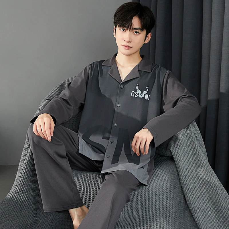 春秋季睡衣男纯棉翻领渐变色开衫长袖秋冬款大码可外穿男士家居服