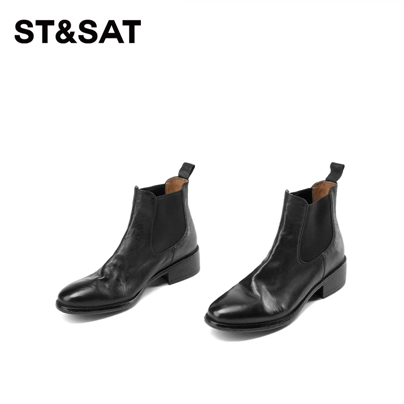 ST&SAT星期六法式复古女鞋2024新款时尚百搭圆头侧拉链粗跟短靴女