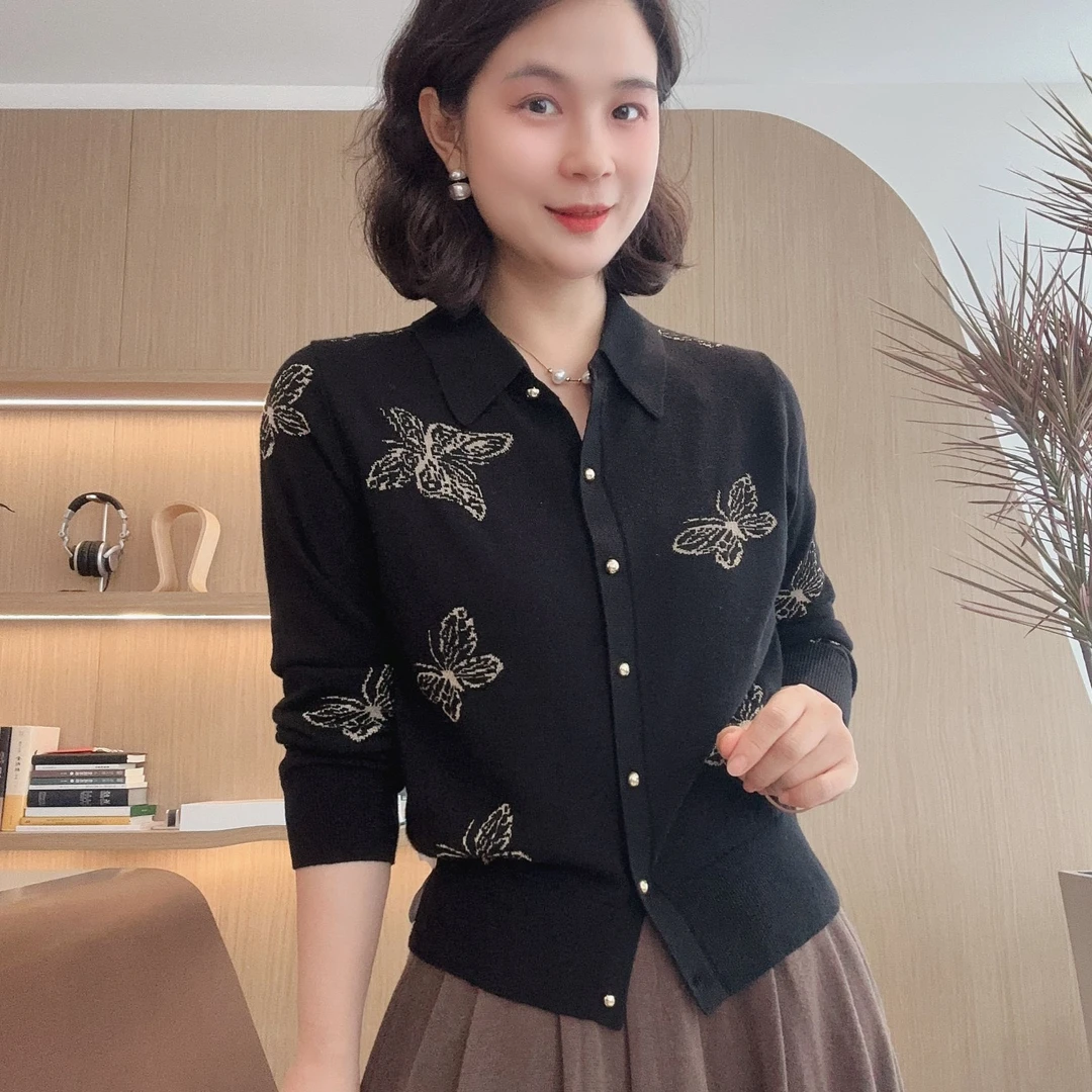 LVMU/吕木【蝴蝶衬衫领】秋日新款长袖翻领针织开衫#DQ6351